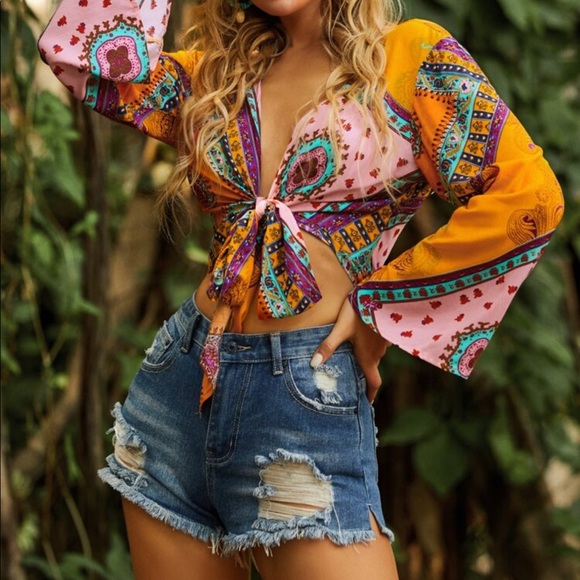 Boho Festival Floral Print Front Knot Crop Top Blouse vibrant Orange - Picture 4 of 7